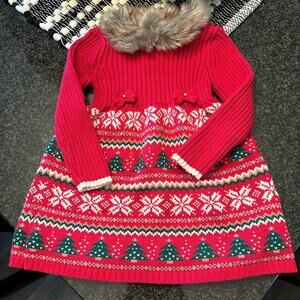 NWT Tommy Bahama Red and Green Fur Christmas tree Snowflake Sweater Dress 24m